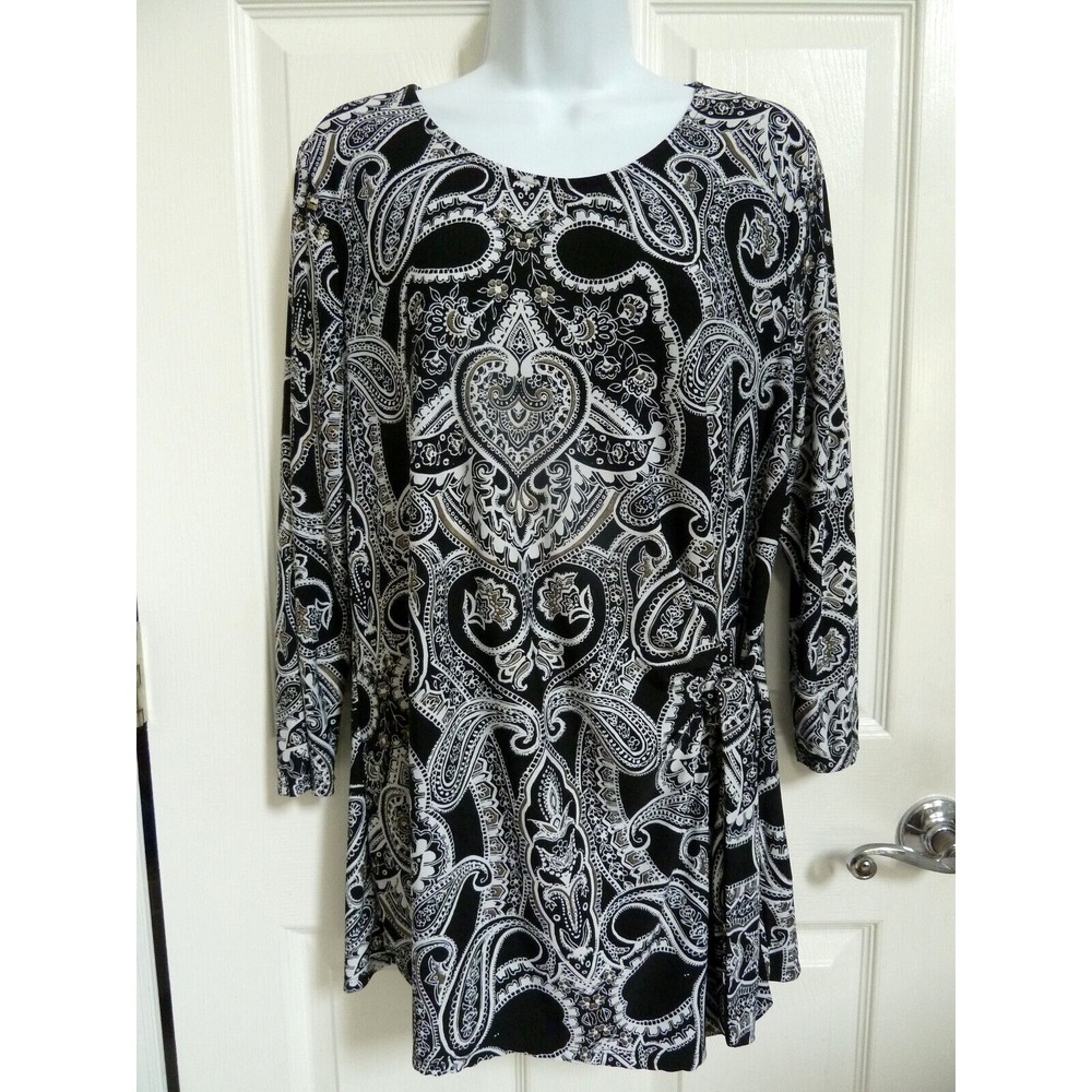 Cocomo XL Tie Side Pullover Tunic Top Paisley 3/4 Sleeve Black White Gold